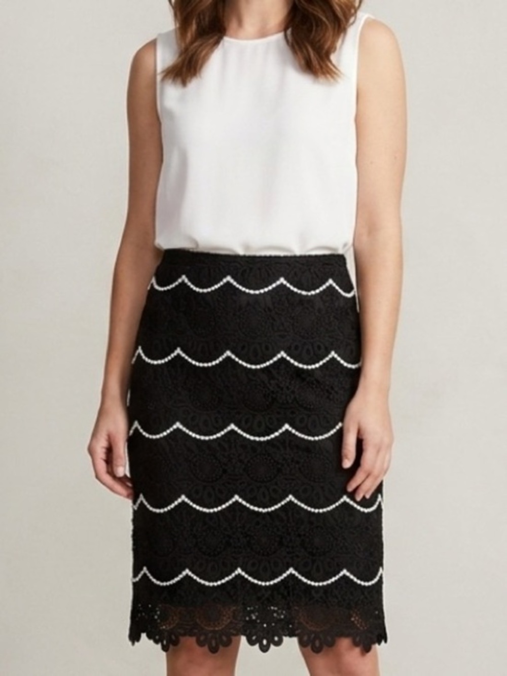 Talbots Black Lace Pearl Appliqué Pencil Skirt Size 10